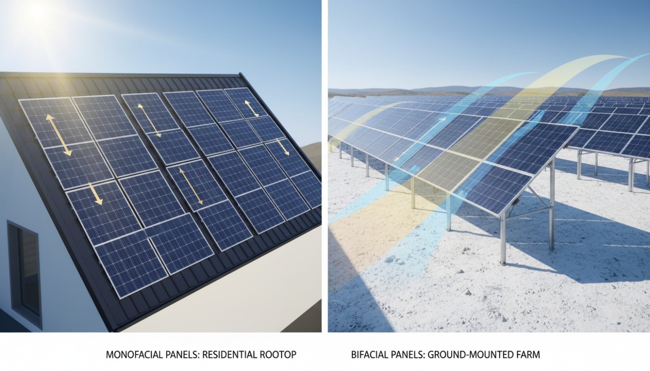 Monofacial rooftop solar panels compared with bifacial ground-mounted solar panels using reflected light for rear-side energy gain